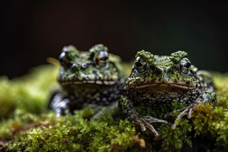 Vietnamese mossy frogs hiding in the moss against a green background (Theloderma Corticale). Generative AIの素材