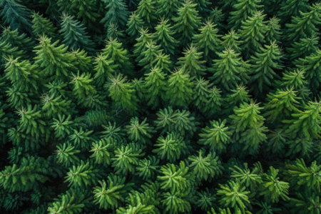 texture green woodland, taiga fir tree peaks, coniferous forest top view. Generative AIの素材