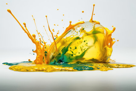 Yellow paint spills in a still life shot with a white background. Generative AIの素材