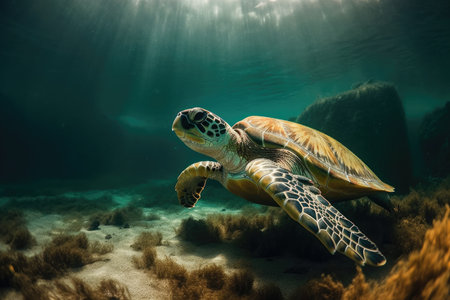marine turtle submerged. turtle diving scene in the ocean. Generative AIの素材