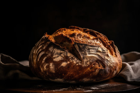 sourdough bread baked at home. Black background with freshly baked sourdough bread. Generative AIの素材
