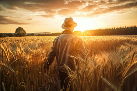 sun and a man in a wheat field. Generative AIの素材
