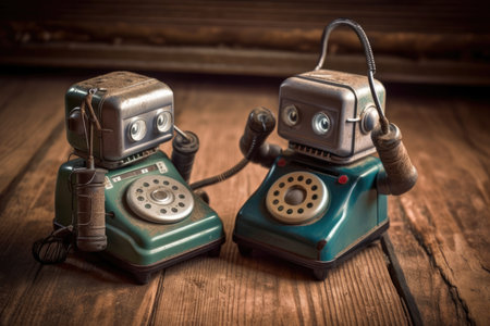 two little bots talking on an old vintage phone on a wooden floor. Generative AIの素材