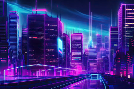 futuristic neon city. urban horizon In a futuristic metropolis with blue neon lights, it is purple neon night. futuristic towers that shine brilliantly. scene of cyberpunk. illustration. Generative AIの素材