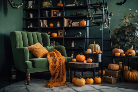 Interior of living room decorated for Halloween with green sofa, ladder and pumpkins. Generative AIの素材