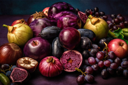 Mangosteen, onion, grapes, plum, blueberry, blackberry, dates, and eggplant are used in a creative layout on a purple background. Lay flat. notion of food. macro level idea. Generative AIの素材