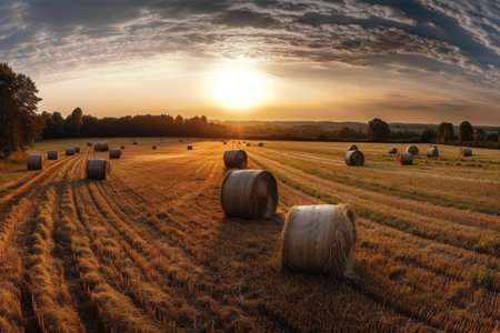 Panorama of a field of crops with a blue sky and straw bales. Generative AIの素材