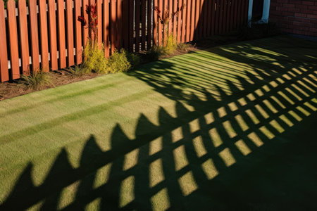 shadows of a red brick perimeter wall, an artificial grass lawn in the front garden, and a wooden picket fence in the front yard. Generative AIの素材