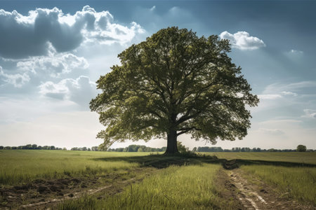 lone oak tree in a springtime field. Generative AIの素材