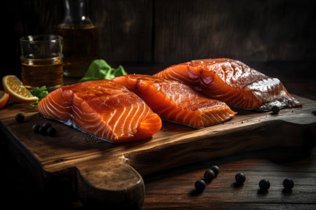 on a wooden board, smoked salmon. Generative AIの素材