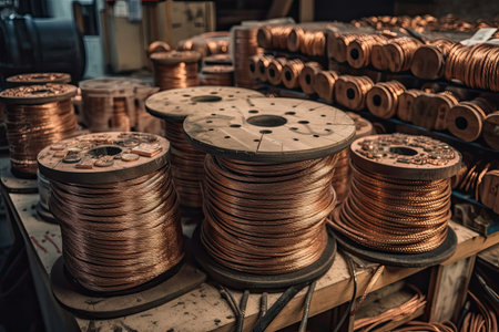 Outdoor wooden electric cable coils cables of varying voltages in the storage. Generative AIの素材