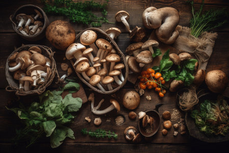 Organically grown Garden grown produce and wild mushrooms. Vegetarian culinary items with a border on a dark rustic wooden background. Generative AIの素材