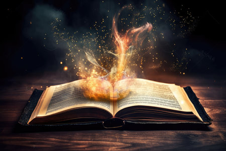 Open Page Magic Book With Abstract Lights Shining In The Darkness Literature And Fairytale Concept Contains Illustration. Generative AIの素材