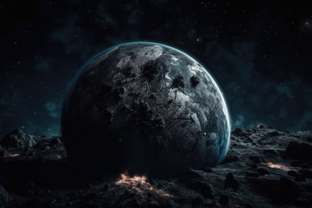 A cratered stone planet in outer space. planet having a solid surface that is dark. Generative AIの素材