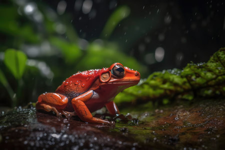 red frog, focused only pictures of a frog grasping a leaf in the rain. Generative AIの素材