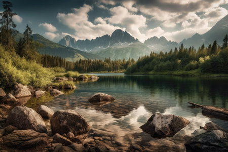 peaceful mountain lake in the High Tatra National Park. dramatic clouds in the sky. Europe, Slovakia, and Strbske Pleso. beauty industry. Generative AIの素材