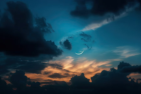 Islamic Moon sky on Dark Blue Dusk Vertical, Twilight Sky in the Evening with Sunset and Beautiful Sunlight and Crescent moon, symbol of religion at the start of the Ramadan month, Eid al Adha, and Ei. Generative AIの素材