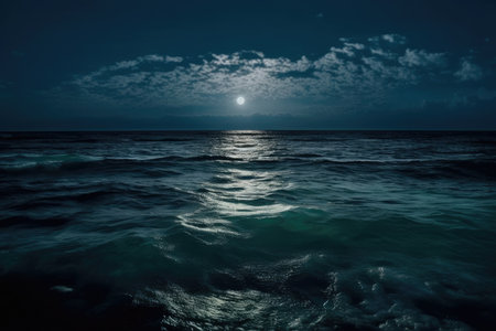 moon over a clear ocean or sea. at night. a suitable setting for the concept of journey, vacation, or travel. Generative AIの素材