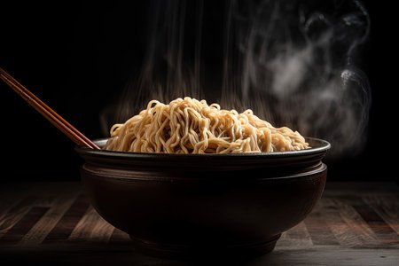 noodles in a smokey state with chopsticks, isolated on a dark background with a clipping path. Generative AIの素材