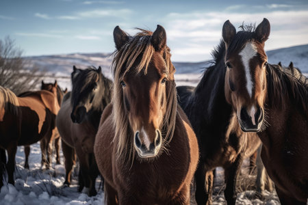 Horses in a paddock in winter weather looking at the camera. Generative AIの素材