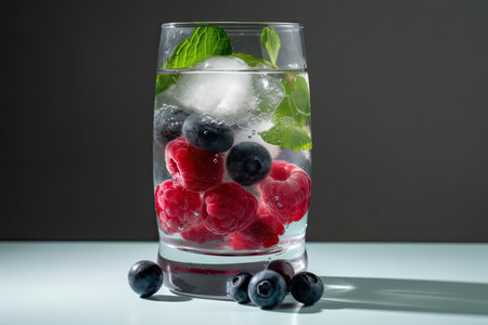 sparkling water with blueberries, raspberries, and mint. Generative AIの素材