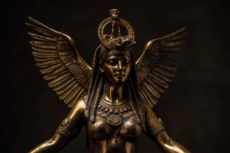 ISIS, the goddess of Egypt, against a dark background. goddess in bronze with a circle on her head. Generative AIの素材