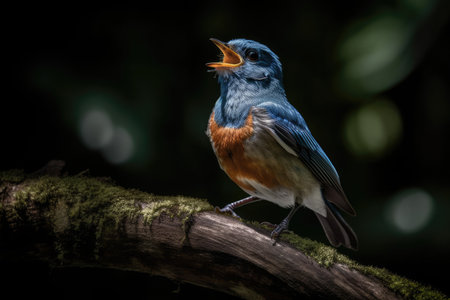 A little dark grey and blue bird singing and sitting on a tree branch. Generative AIの素材