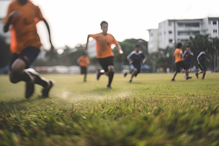 Blurred Soccer Field at School. Young Soccer Players Training on Pitch. Soccer Stadium Grass Background. Generative AIの素材