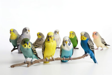 Australian parakeets and budgerigars isolated on a white backdrop. Generative AIの素材