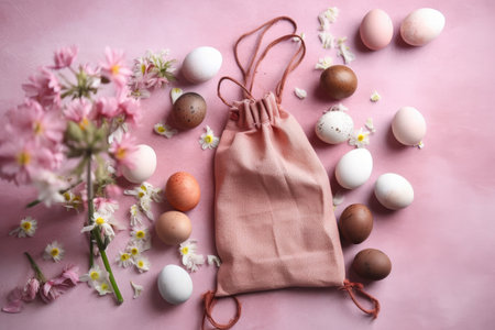 Easter eggs and spring flowers are displayed on a pink tile background in a string bag. Generative AIの素材