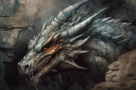 Dragon head against a stone backdrop of gray. electronic painting. Generative AIの素材