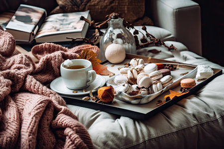 Concept of people, season, and leisure cozy blankets at home, cup of coffee, autumn foliage, and meringues. Generative AIの素材