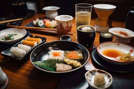 Japanese side dishes and Japanese sake. Generative AIの素材