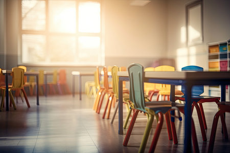 Blur abstract background of kindergarten classroom. Blurred image of empty elementary room. Blurry view of primary class without student. Generative AIの素材