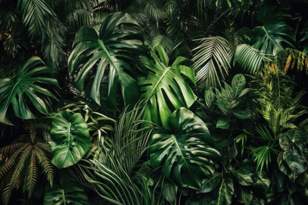 Background with several tropical plants in bright green. Generative AIの素材