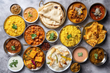 Indian ethnic food buffet on white concrete table from above curry, samosa, rice biryani, dal, paneer, chapatti, naan, chicken tikka masala, mango lassi, dishes of India for dinner background. Generative AIの素材