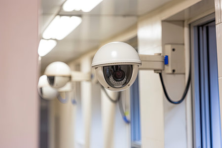 Security cameras and outdoor CCTV monitoring a school hallway. Generative AIの素材