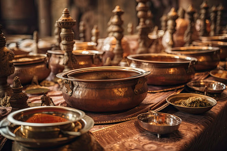Close up of a wedding reception buffet with traditional Rajasthani food that was served in a copper chafing dish. At a wedding venue, a row of antique style dishes. Generative AIの素材