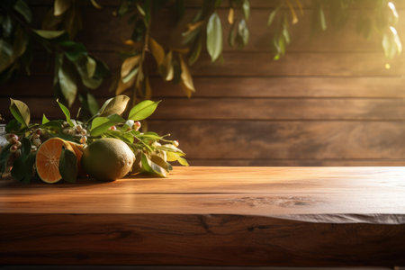 Beautiful sunshine on a teak wood wall decoration panel can be seen in the background of a magnificent wooden table backdrop used for product displays. a counter. Generative AIの素材