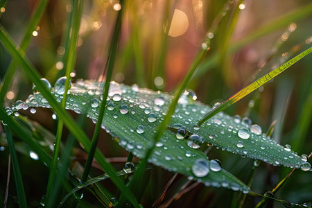 Drops of Dew. With the bright early sunlight dazzling morning dew on flowers and green grass in the tropical rice fields, the morning air feels fresh. Macroscopic photography. Generative AIの素材