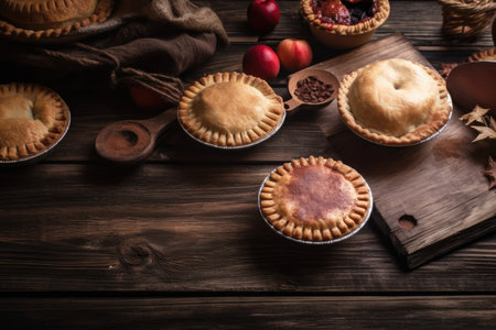 Place made pies behind the text on a dark wooden background in a postcard or banner with copy space. Generative AIの素材