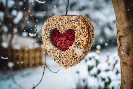 Homemade heart shaped birds feeder made from organic peanuts hanging in the garden. Feeding the birds in winter. Copy space. Generative AIの素材