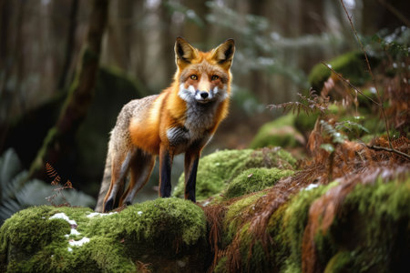 In a lush jungle, a fox. wildlife in forests. Red fox, or Vulpes vulpes, in a forest, perched on a mossy rock. wildlife scene in the wild. an animal in its natural habitat. Germany, Europe, animal in . Generative AIの素材