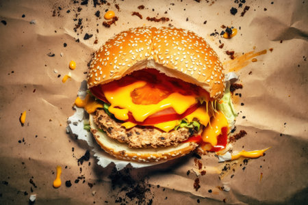 Torn paper, ripped paper with hamburger, and tear effect. Through a hole in the turn yellow background paper, a fast food burger can be seen. Generative AIの素材