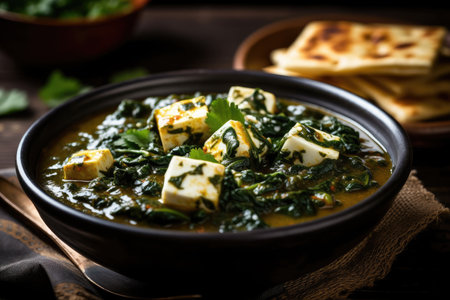Served in a Karahi with Roti or Chapati with a gloomy backdrop, the popular Indian dish Palak Paneer Curry is created with spinach and cottage cheese. discerning concentration. Generative AIの素材