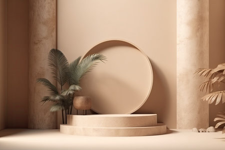 Exhibition podium, stand, on a soft, architecturally themed background for a premium good. Frame, cover, card, or postcard with a discrete botanical background and a shadow on the wall. Generative AIの素材