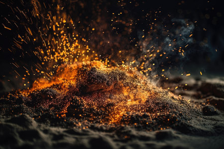 sparks from bonfire over dark night environment, shallow focus. Generative AIの素材