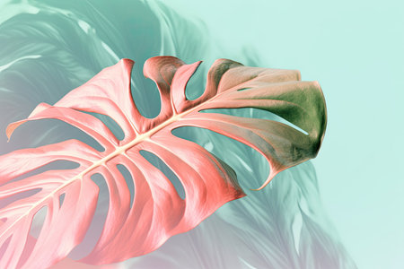 Tropical monstera leaf with a cloud that is a soft coral tint. Summer backdrop concept simple abstract art. Generative AIの素材