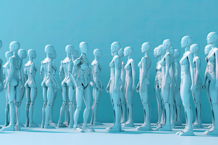 Standing human figurines on a pastel blue background. Transhumanism minimal pattern. Generative AIの素材