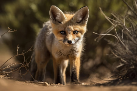 The Cape Fox cub emerges from the borrow to enjoy the sunshine. Generative AIの素材
